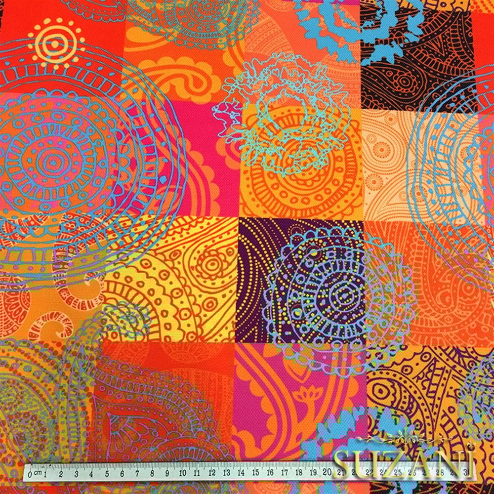 Fuşya Portakal Rengi Patchwork Desenli Kumaş