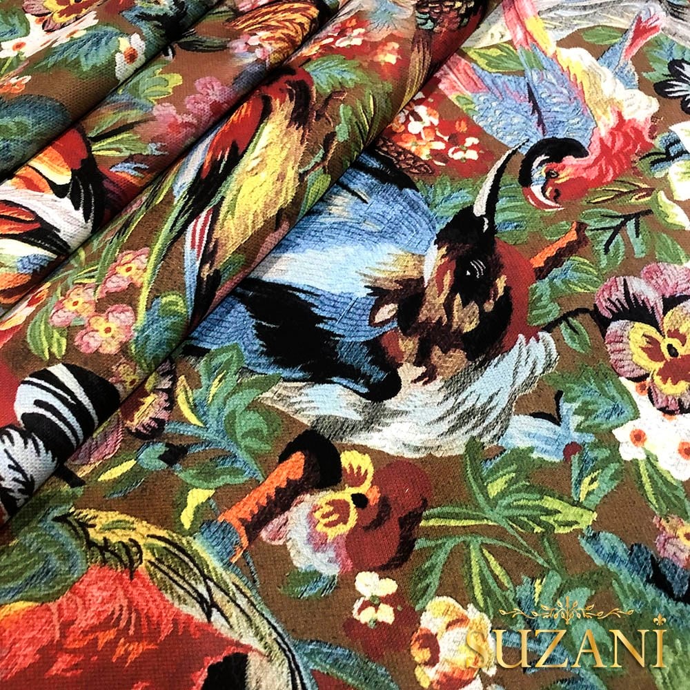 Goblen Kuş Desenli Dijital Baskılı Kumaş