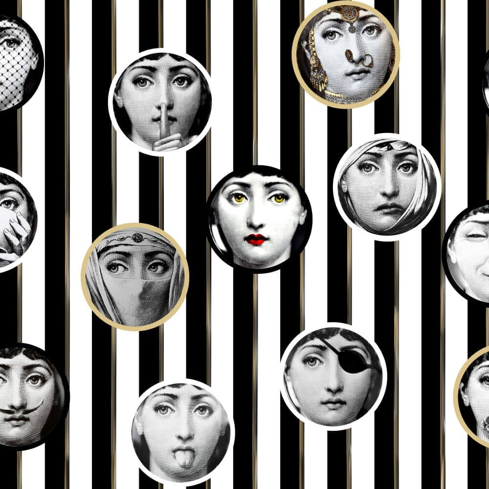 Gold Çizgili Fornasetti Desenli Dijital Baskılı Kumaş