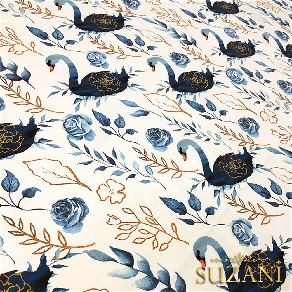 İndigo Gold Kuğu Desenli Kumaş