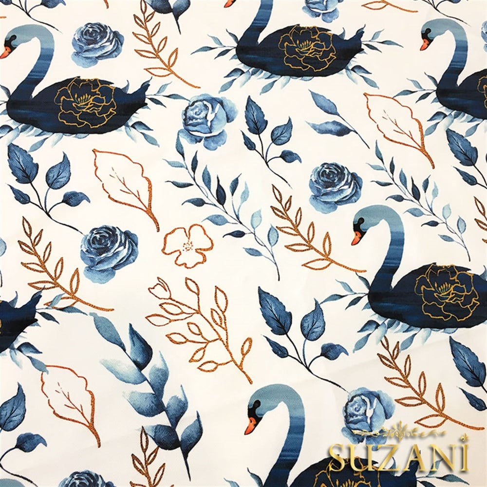 İndigo Gold Kuğu Desenli Kumaş