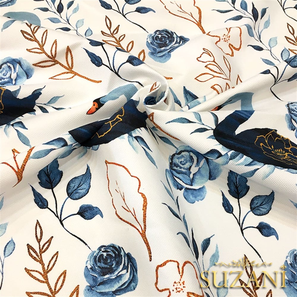 İndigo Gold Kuğu Desenli Kumaş