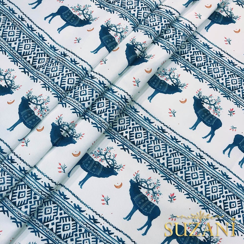 İskandinav Geyik Desenli Dijital Baskılı Kumaş