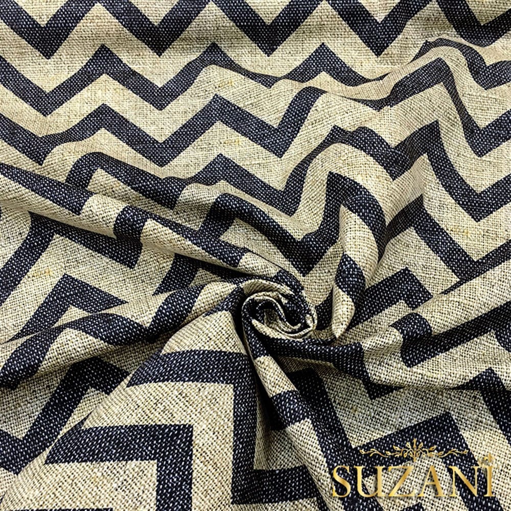Keten Efekt Siyah Zigzag Desenli Kumaş
