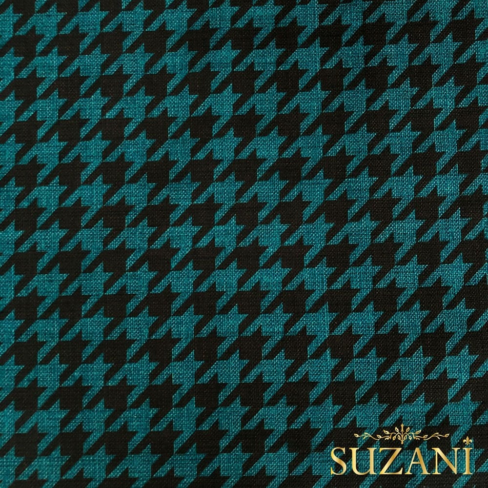 Keten Efektli Büyük Kahve Turkuaz Kazayağı Desenli Kumaş