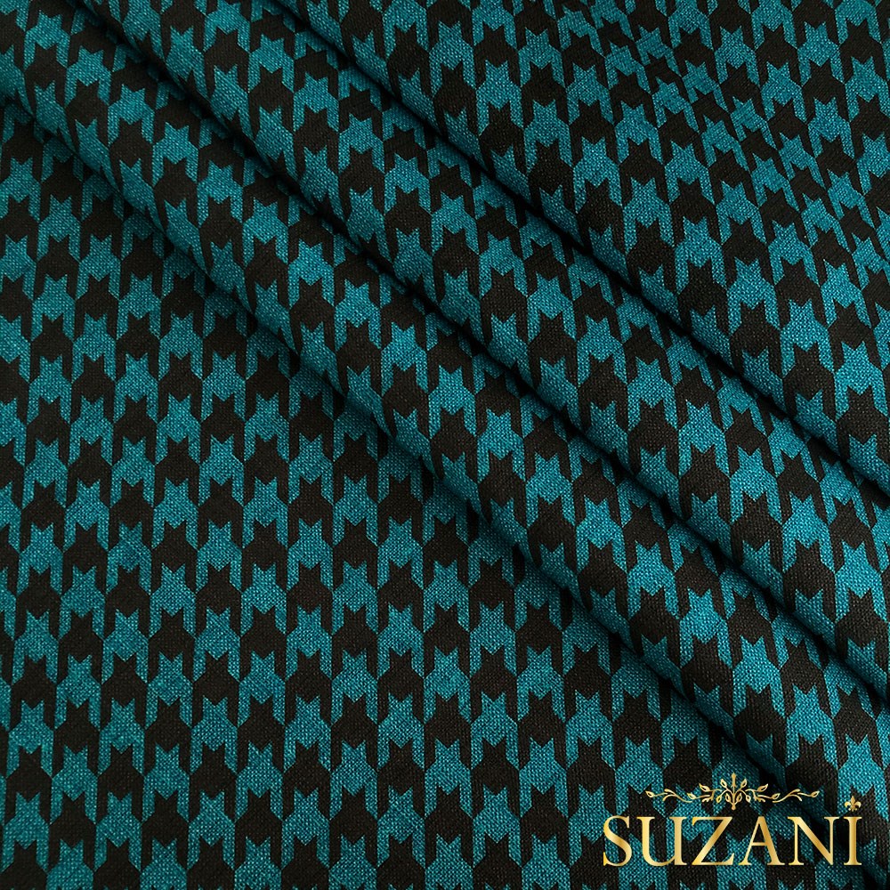 Keten Efektli Büyük Kahve Turkuaz Kazayağı Desenli Kumaş