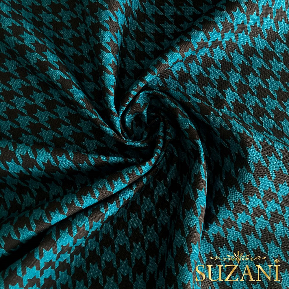 Keten Efektli Büyük Kahve Turkuaz Kazayağı Desenli Kumaş