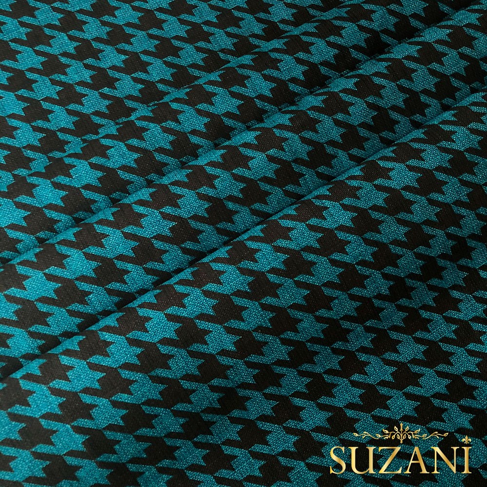 Keten Efektli Büyük Kahve Turkuaz Kazayağı Desenli Kumaş