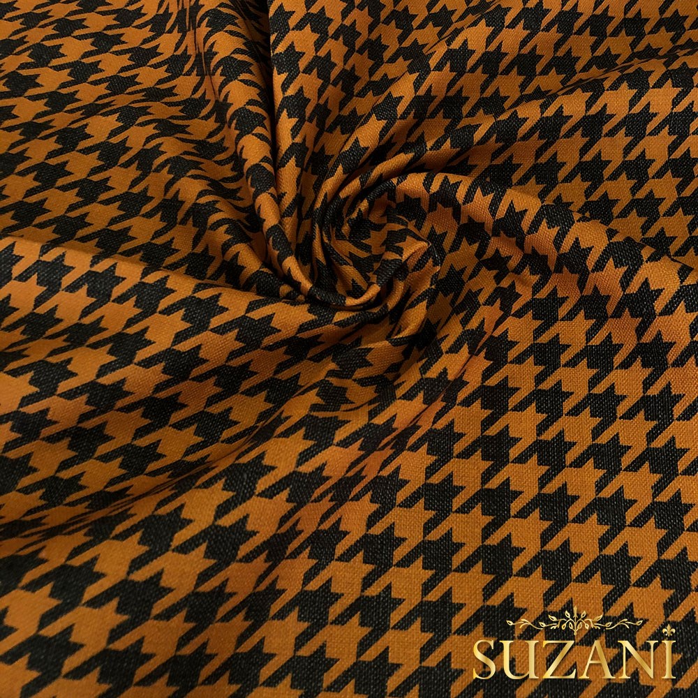 Keten Efektli Büyük Turuncu Siyah Kazayağı Desenli Kumaş
