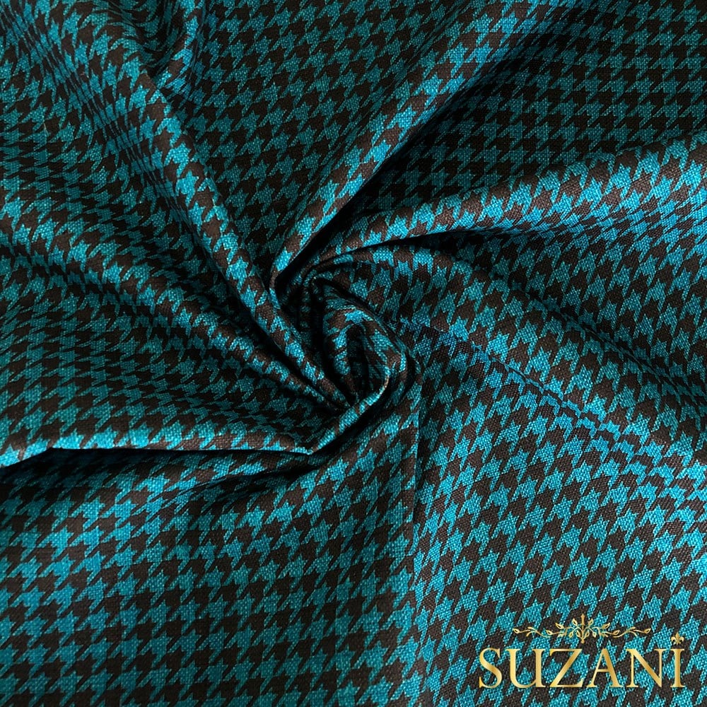 Keten Efektli Küçük Kahve Turkuaz Kazayağı Desenli Kumaş
