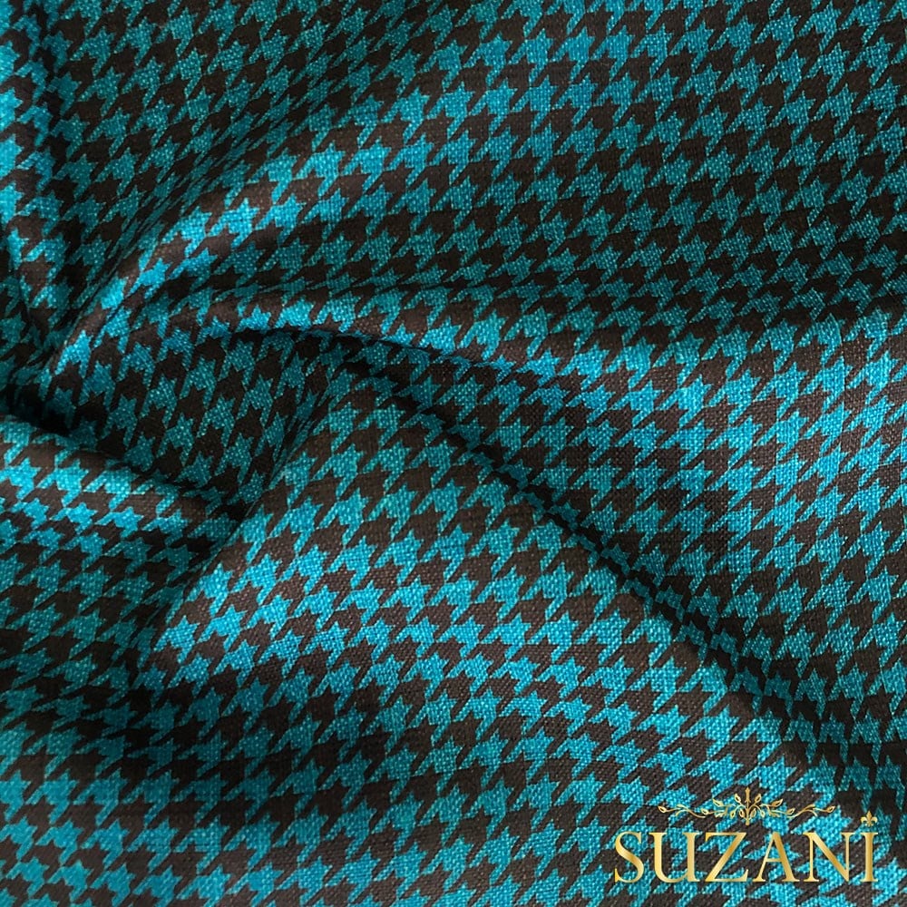 Keten Efektli Küçük Kahve Turkuaz Kazayağı Desenli Kumaş