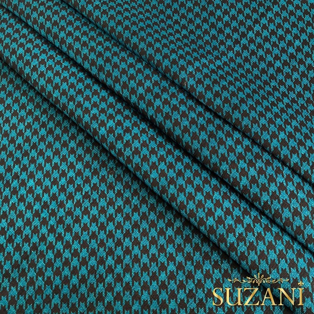 Keten Efektli Küçük Kahve Turkuaz Kazayağı Desenli Kumaş