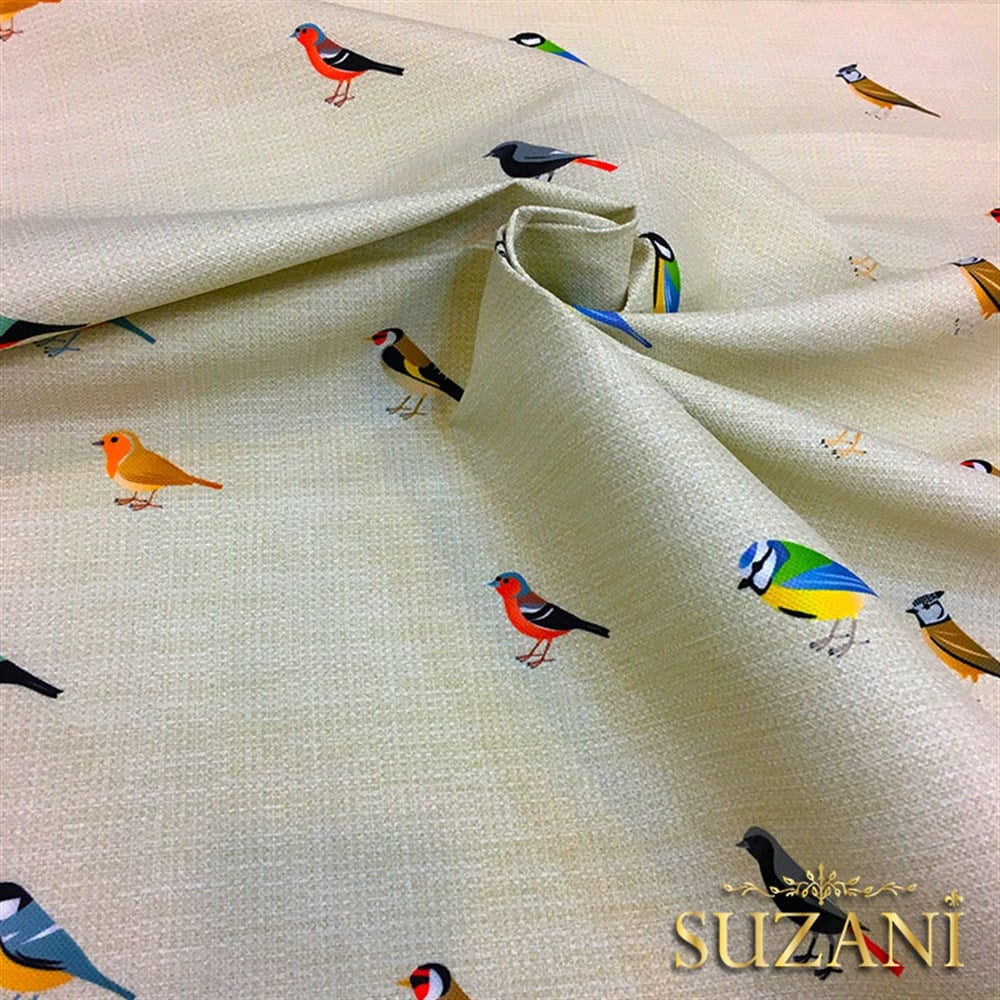 Keten Efektli Renkli Kuşlu Kumaş