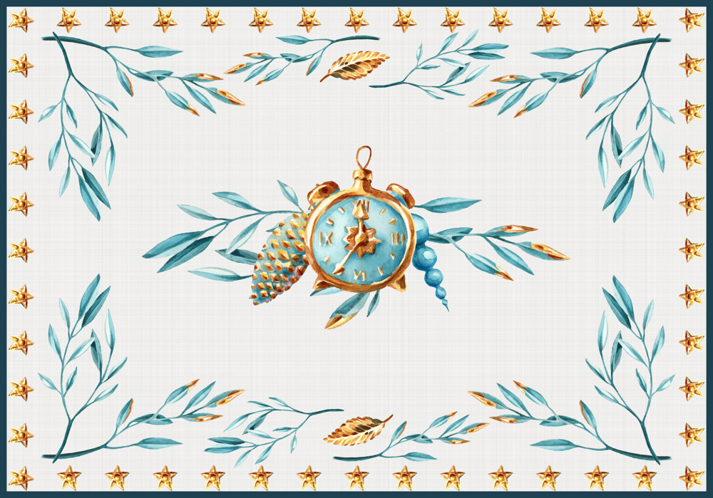 Keten Görünümlü Zemin Mavi Yılbaşı Süsleri Desenli 3'lü Amerikan Servisi Kumaşı