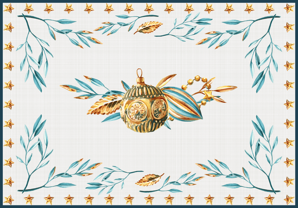 Keten Görünümlü Zemin Mavi Yılbaşı Süsleri Desenli 3'lü Amerikan Servisi Kumaşı