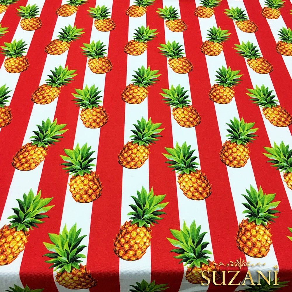 Kırmızı Kalın Çizgi Üzeri Ananaslar Desenli Kumaş
