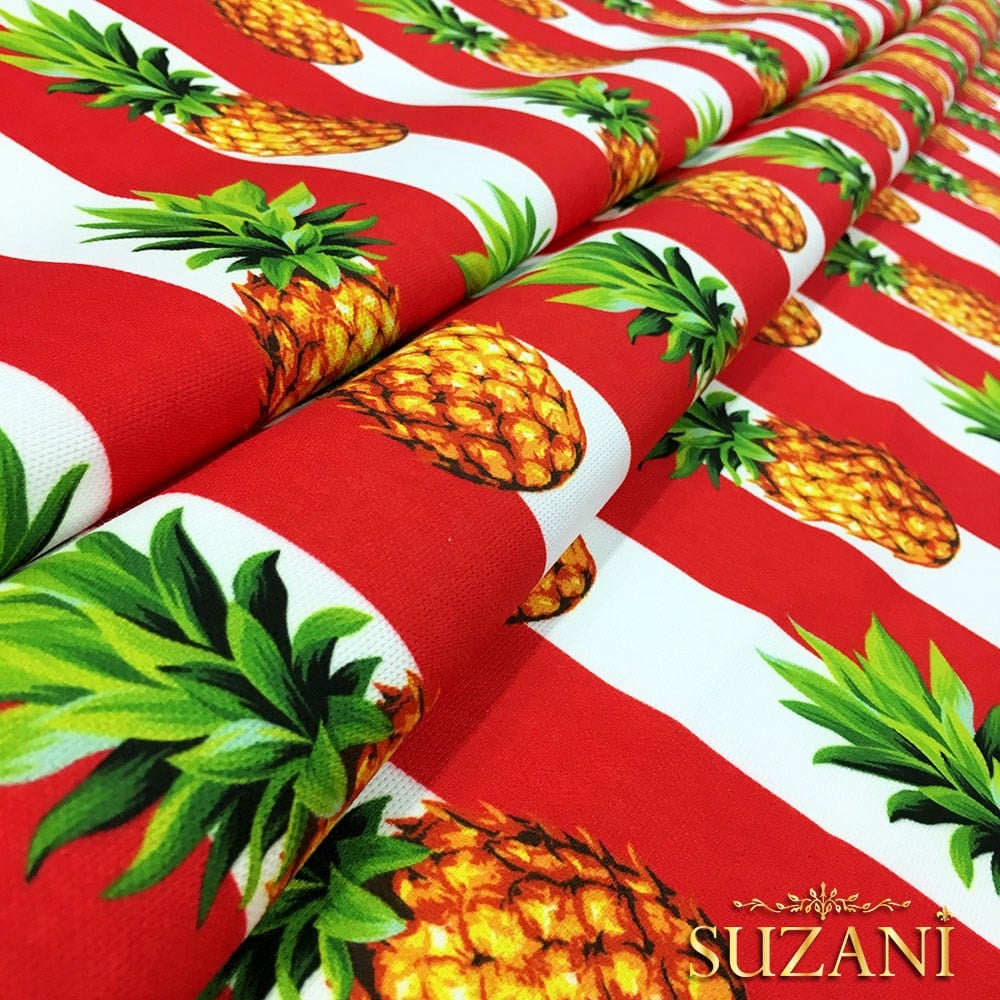 Kırmızı Kalın Çizgi Üzeri Ananaslar Desenli Kumaş