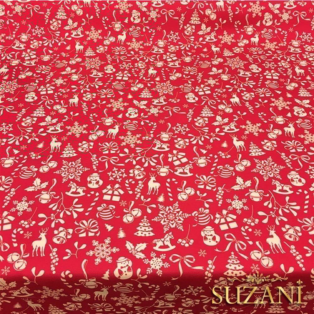 Kırmızı Küçük Figürlü Yılbaşı Desenli Kumaş