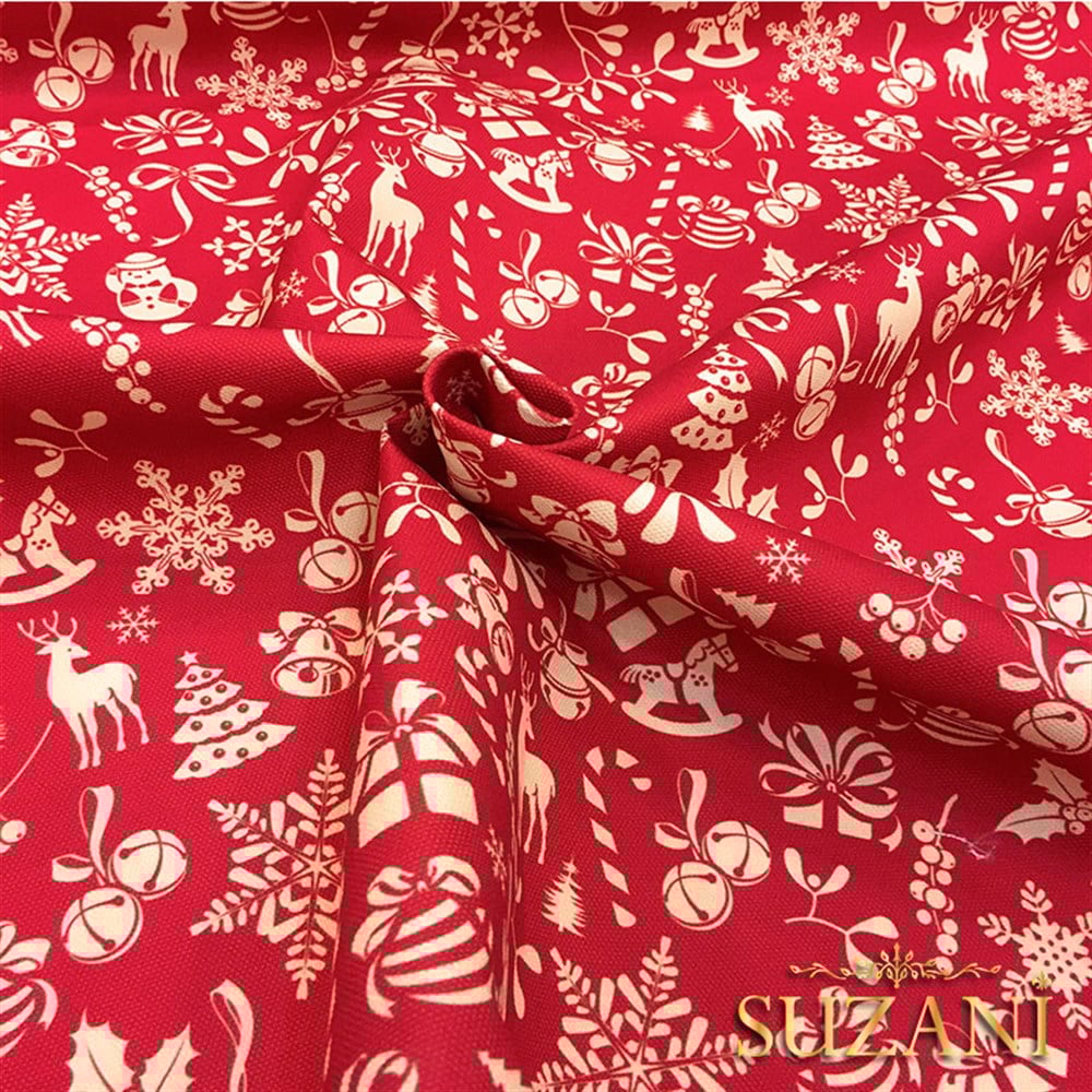Kırmızı Küçük Figürlü Yılbaşı Desenli Kumaş