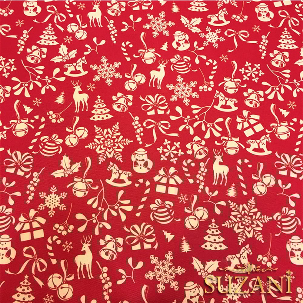 Kırmızı Küçük Figürlü Yılbaşı Desenli Kumaş