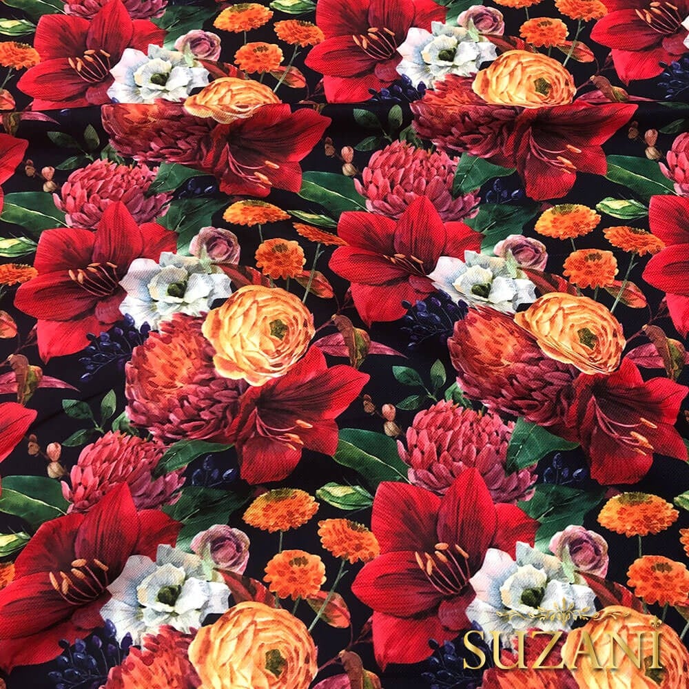 Kırmızı Yılbaşı Çiçekli Dijital Baskılı Kumaş