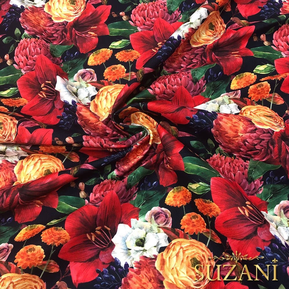 Kırmızı Yılbaşı Çiçekli Dijital Baskılı Kumaş