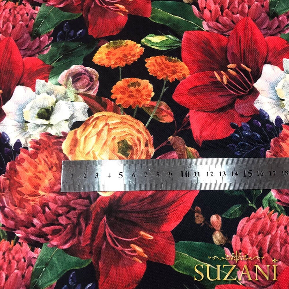 Kırmızı Yılbaşı Çiçekli Dijital Baskılı Kumaş