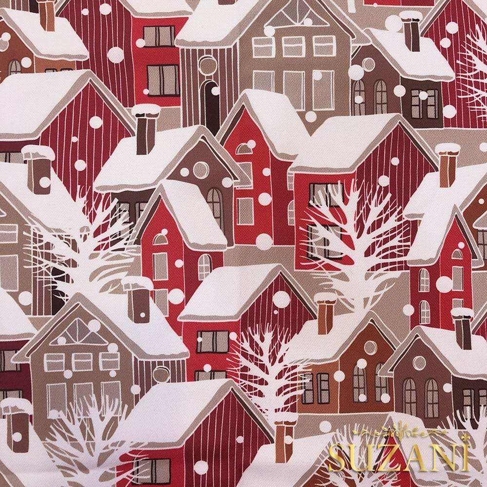 Kış Evleri Desenli Dijital Baskılı Kumaş