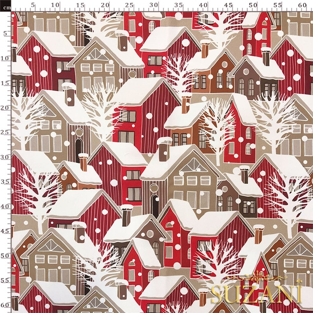 Kış Evleri Desenli Dijital Baskılı Kumaş