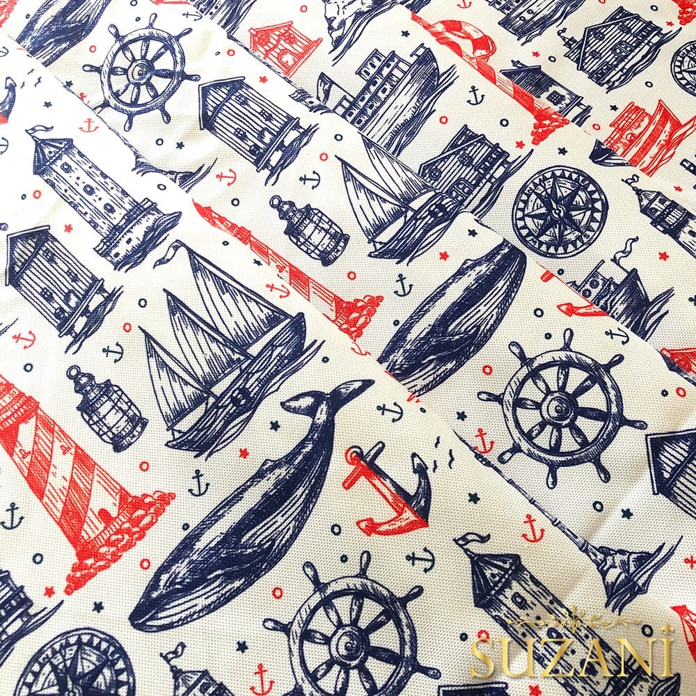 Lacivert Kırmızı Denizci Desenli Dijital Baskılı Kumaş
