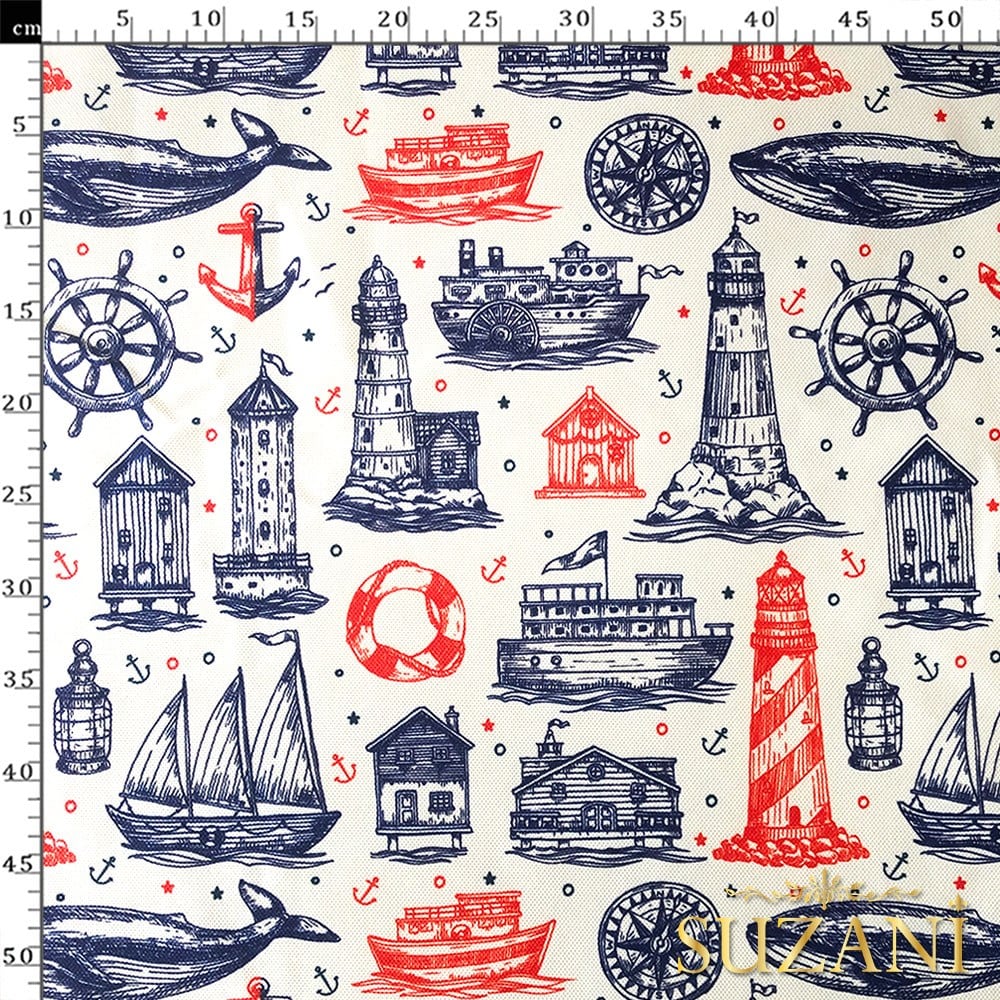 Lacivert Kırmızı Denizci Desenli Dijital Baskılı Kumaş