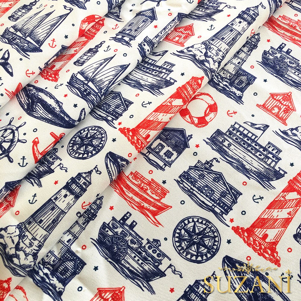 Lacivert Kırmızı Denizci Desenli Dijital Baskılı Kumaş