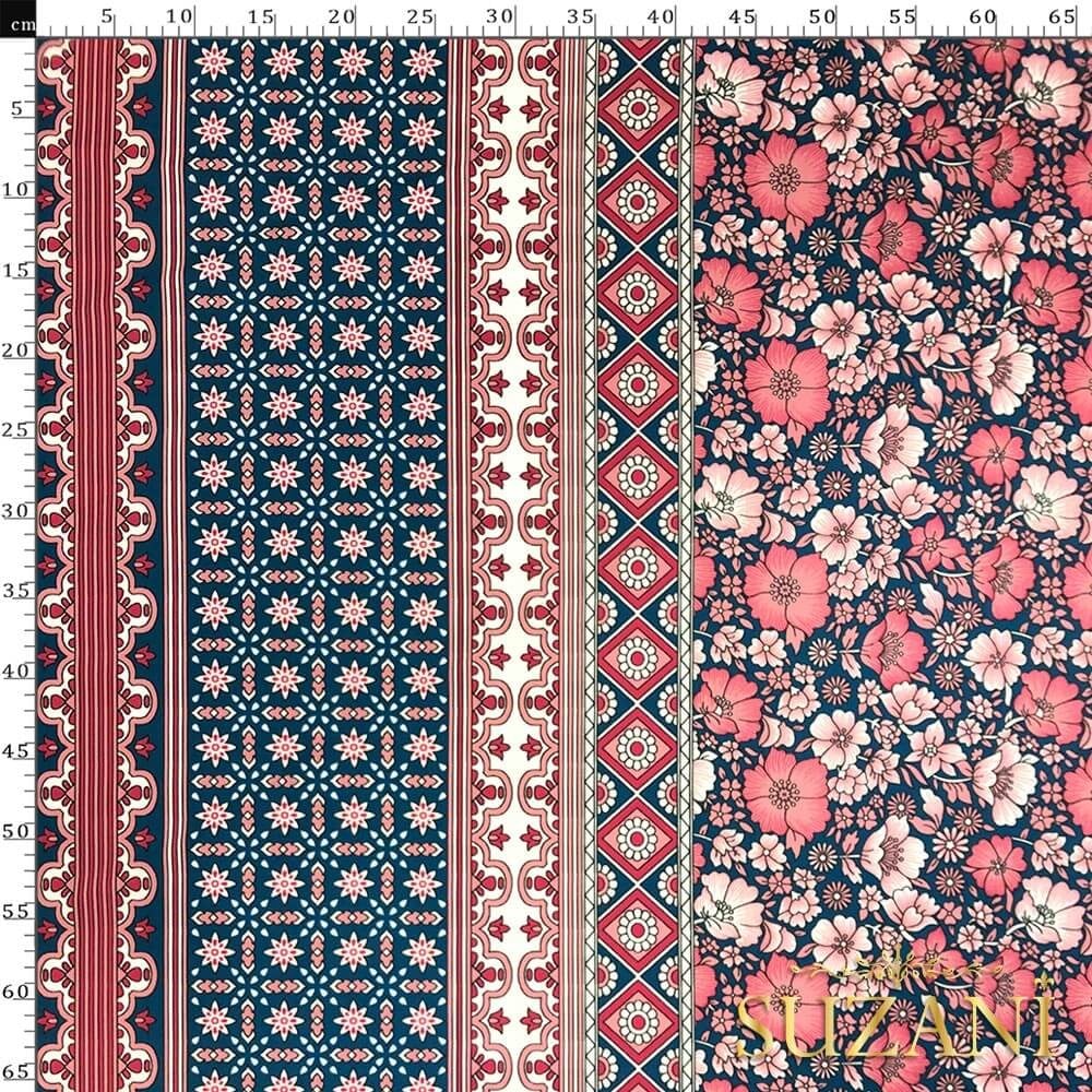 Lacivert Pembe Geleneksel Desenli Dijital Baskılı Kumaş