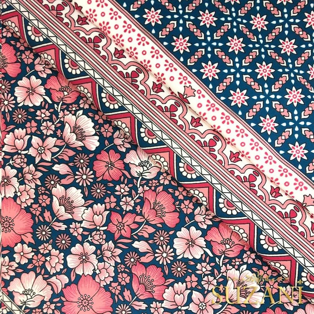 Lacivert Pembe Geleneksel Desenli Dijital Baskılı Kumaş