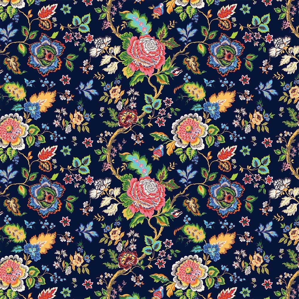 Lacivert Zemin Mavi Pembe Çiçekli Kumaş