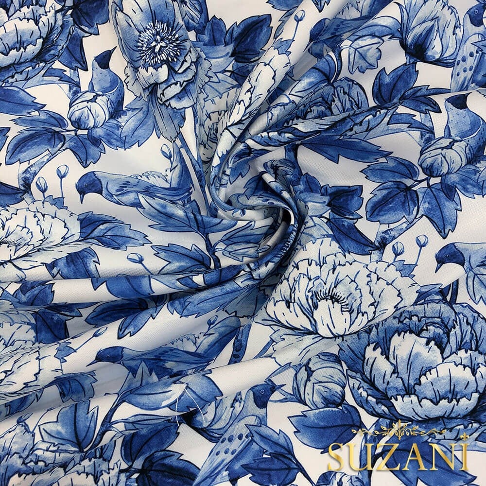 Mavi Büyük Çiçek Desenli Dijital Baskılı Kumaş