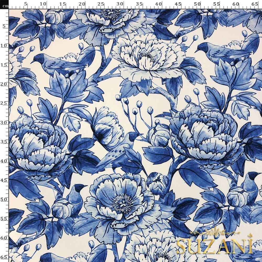 Mavi Büyük Çiçek Desenli Dijital Baskılı Kumaş