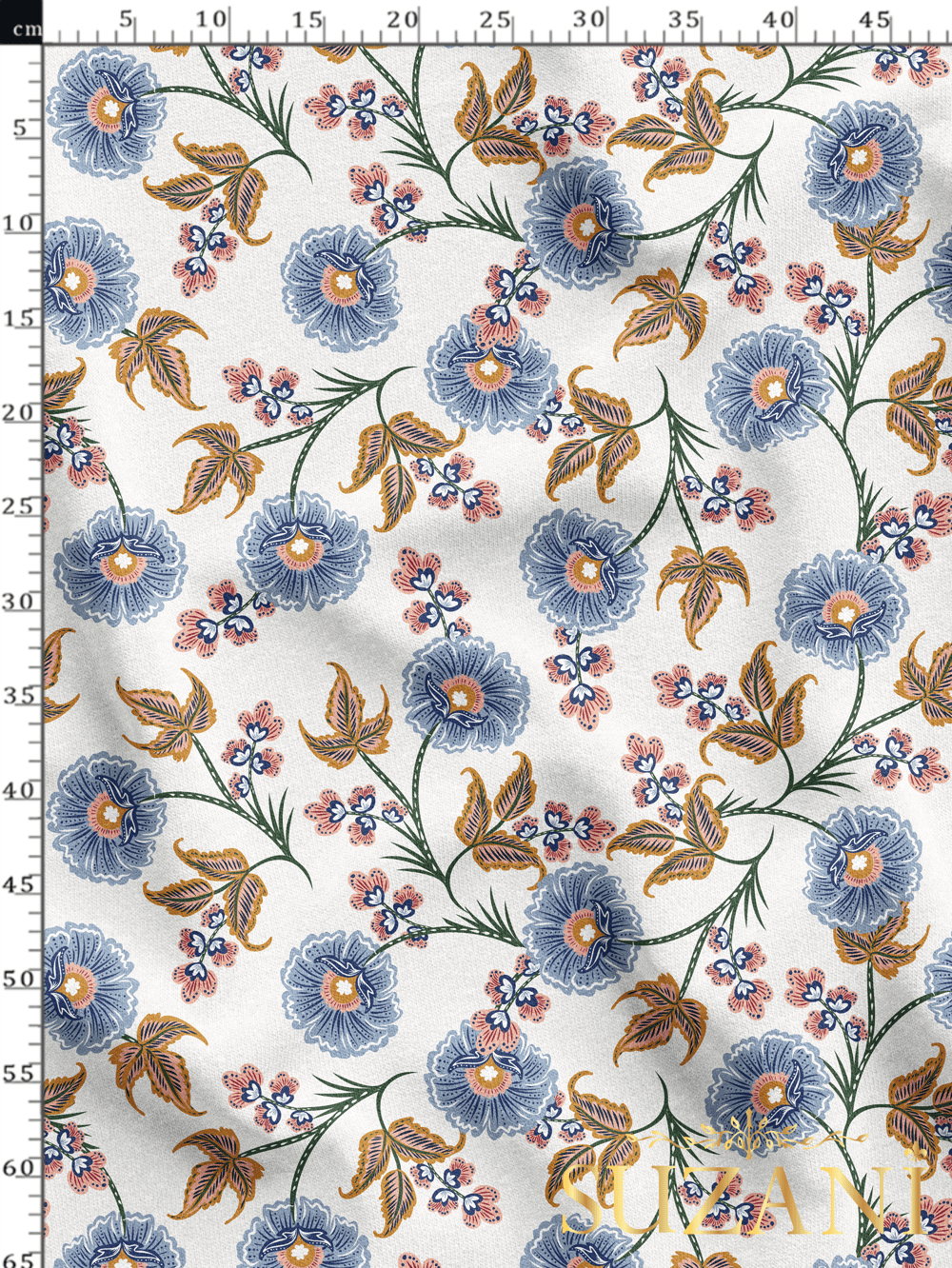 Mavi Çiçek Desenli Dijital Baskılı Kumaş