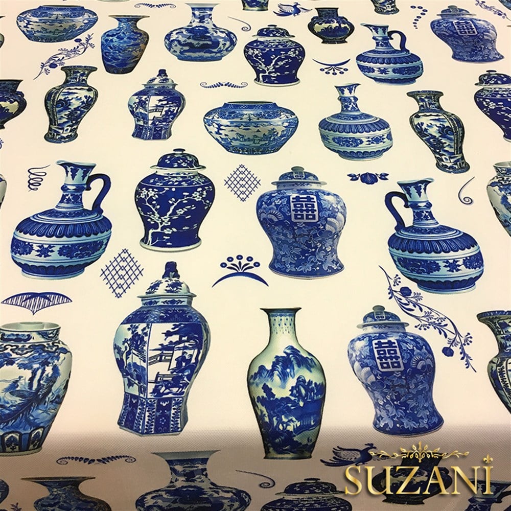 Mavi Çini Vazolar Desenli Kumaş