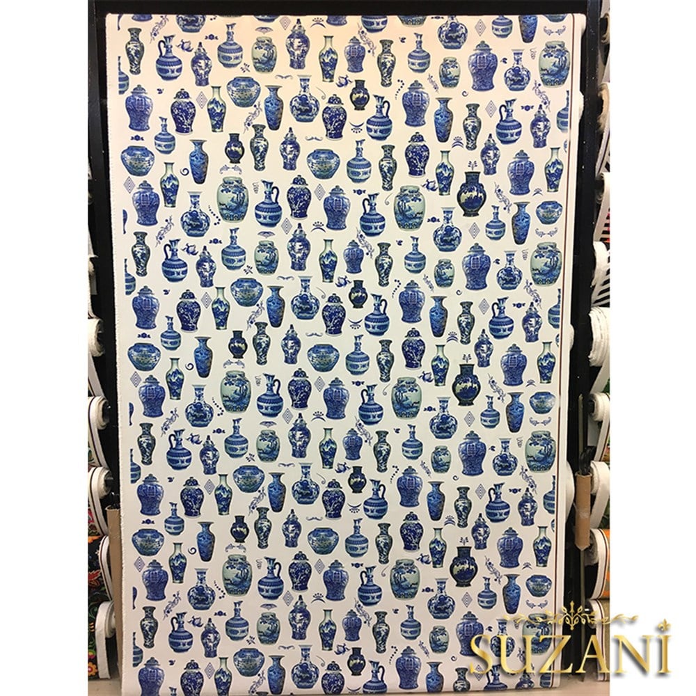 Mavi Çini Vazolar Desenli Kumaş