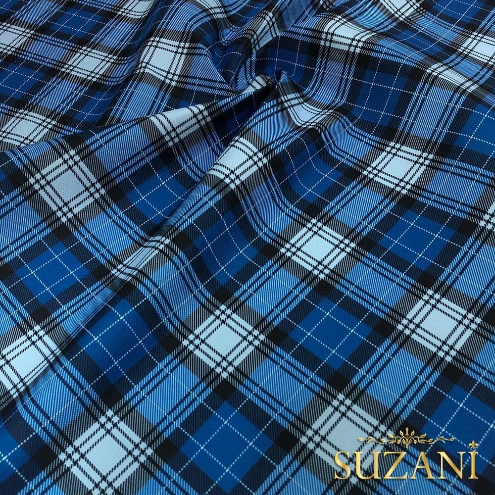 Mavi Ekose Desenli Dijital Baskılı Kumaş