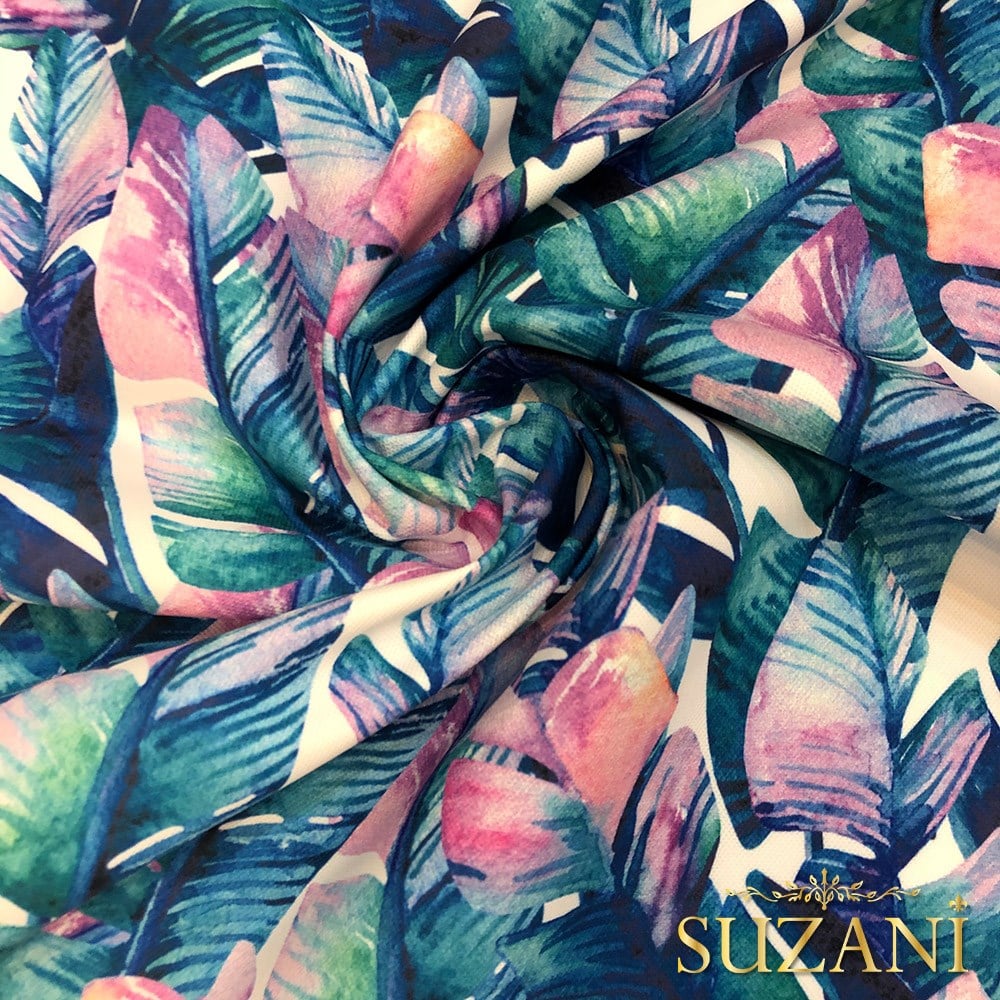 Mavi Tropikal Muz Yapraklı Dijital Baskılı Kumaş