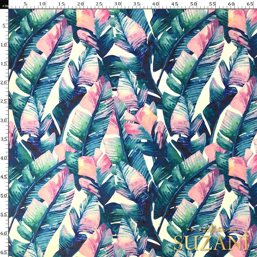 Mavi Tropikal Muz Yapraklı Dijital Baskılı Kumaş