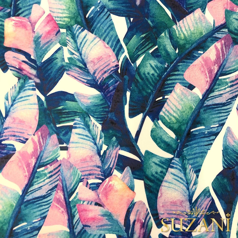 Mavi Tropikal Muz Yapraklı Dijital Baskılı Kumaş