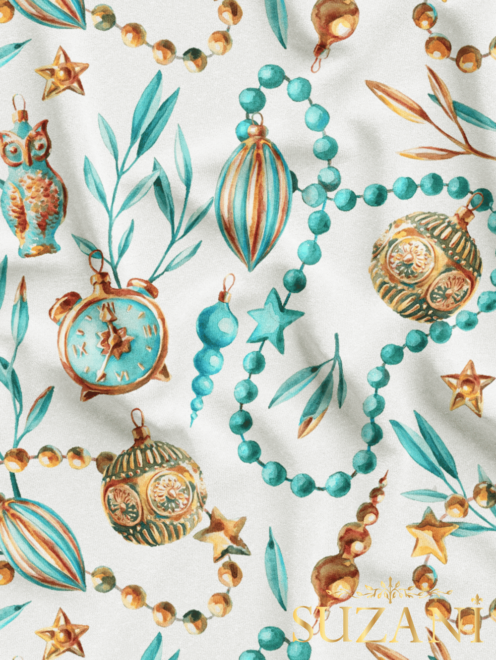 Mavi Yılbaşı Süsleri Desenli Dijital Baskılı Kumaş