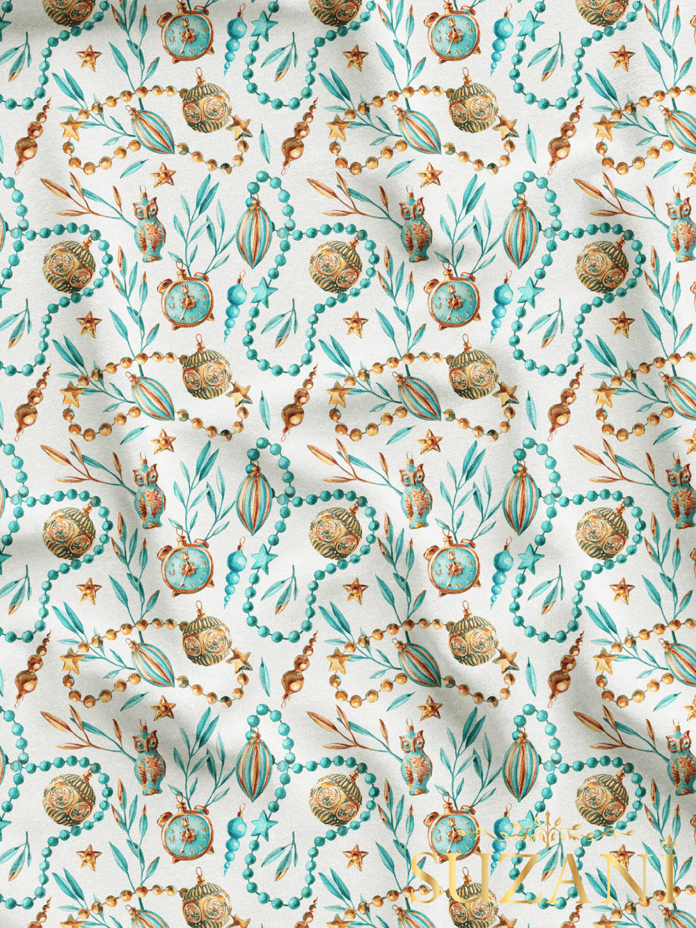 Mavi Yılbaşı Süsleri Desenli Dijital Baskılı Kumaş