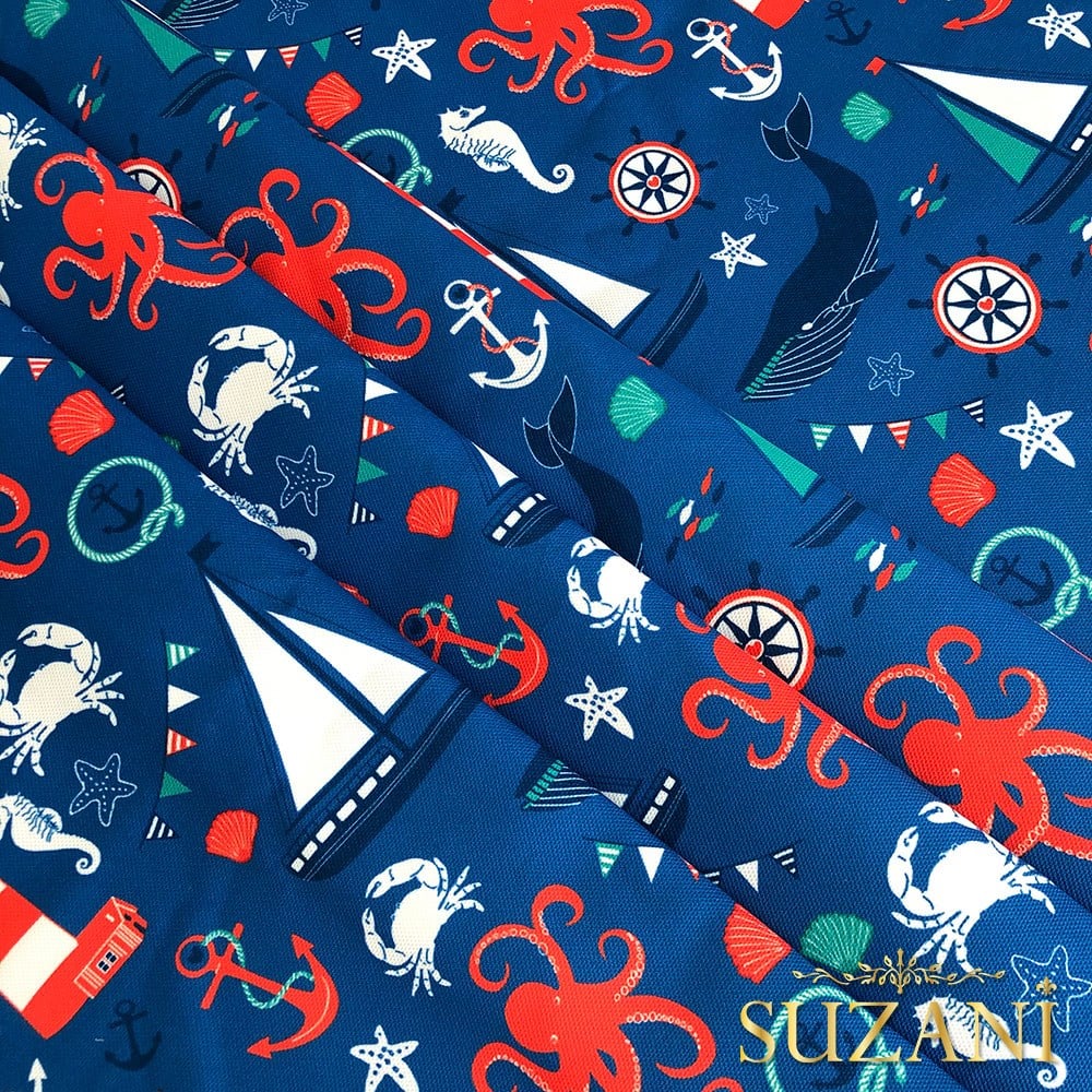 Mavi Zemin Denizci Desenli Dijital Baskılı Kumaş