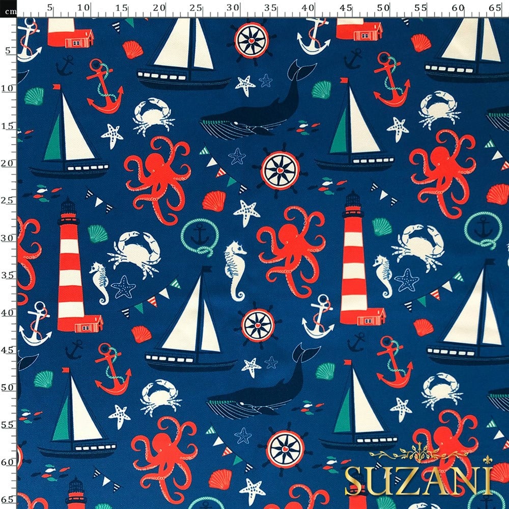Mavi Zemin Denizci Desenli Dijital Baskılı Kumaş