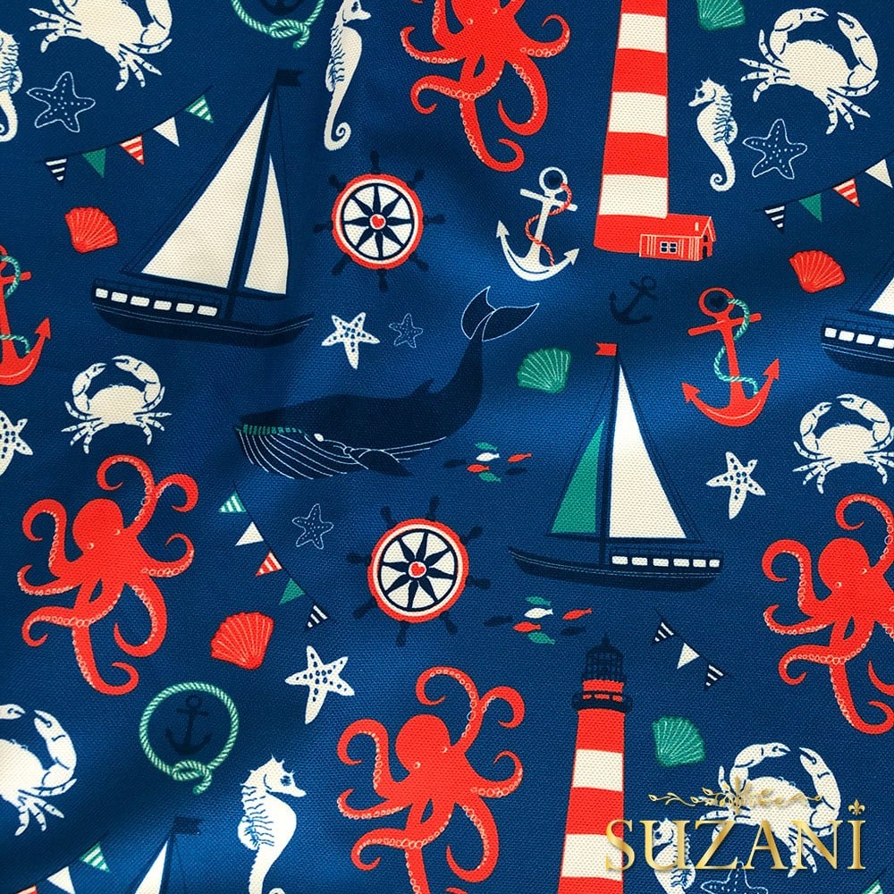 Mavi Zemin Denizci Desenli Dijital Baskılı Kumaş