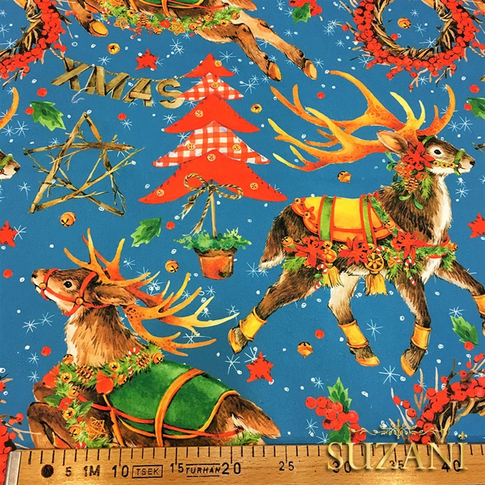 Mavi Zemin Geyikli Yılbaşı Desenli Kumaş